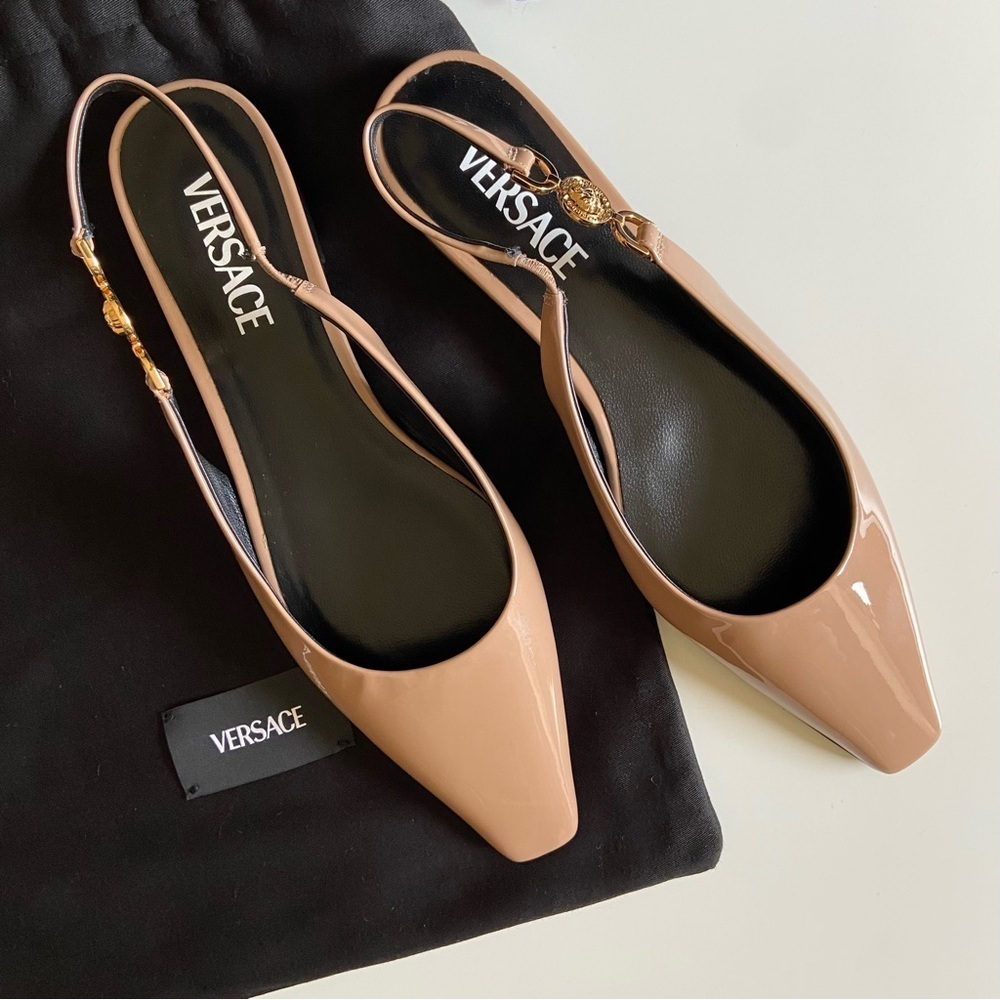 Versace Camel Brown Medusa-plaque Slingback Ballerina Flats Women’s Size 7.5 NWT